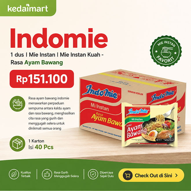 Indomie 1 dus I Mie Instan I Mie Instan Kuah - Rasa Ayam Bawang
Rp151.100
- Rasa ayam bawang indomie menawarkan perpaduan sempurna antara kaldu ayam dan rasa bawang, menghasilkan cita rasa yang gurih dan menggugah selera untuk dinikmati semua orang
- 1 Karton Isi 40 Pcs
Check Out di Sini: https://s.shopee.co.id/3LNYqOZBnQ
